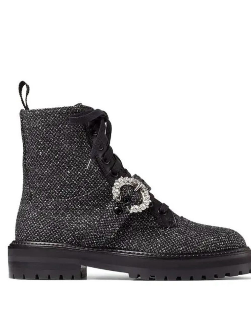 Jimmy Choo Cora Marl Grey Tweed Crystal Buckle Combat Boots 38